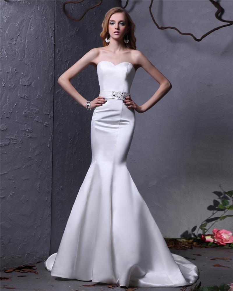 Sweetheart Beading Sash Floor Length Satin Mermaid Wedding Dress