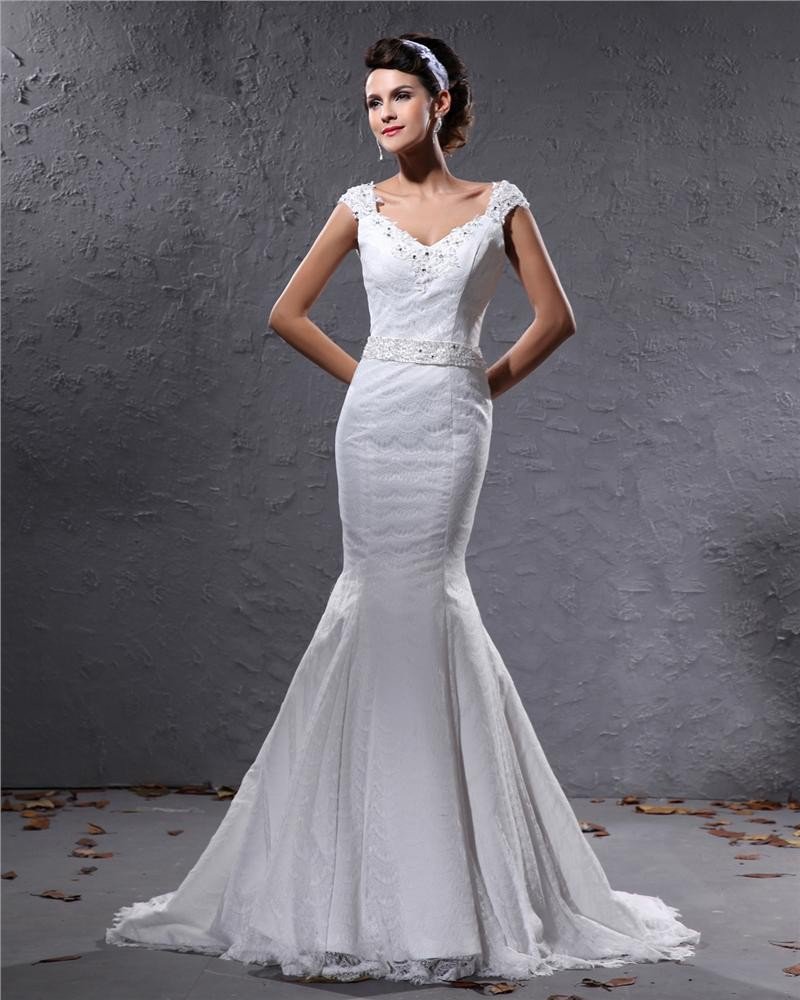 Elegant Lace Satin Beaded V Neck Floor Length Mermaid Wedding Dress