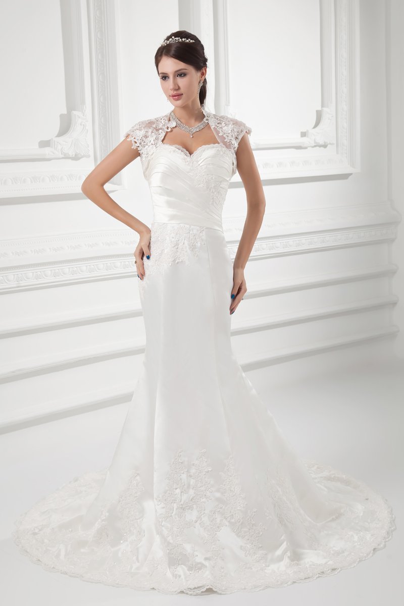Satin Applique Beading Sweetheart Court Train Mermaid Wedding Dress