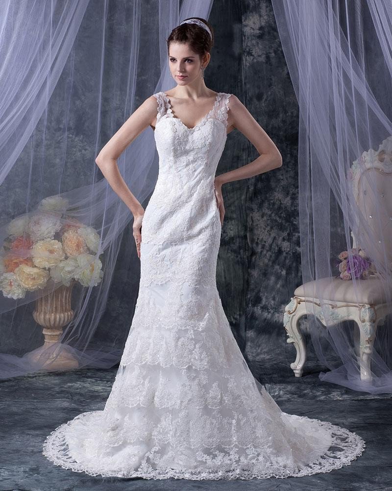 Lace Satin Tiered V-neck Mermaid Chapel Train Wedding Dress