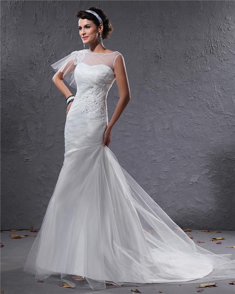 Elegant Tulle Charmeuse Beaded Bateau Floor Length Mermaid Wedding Dress