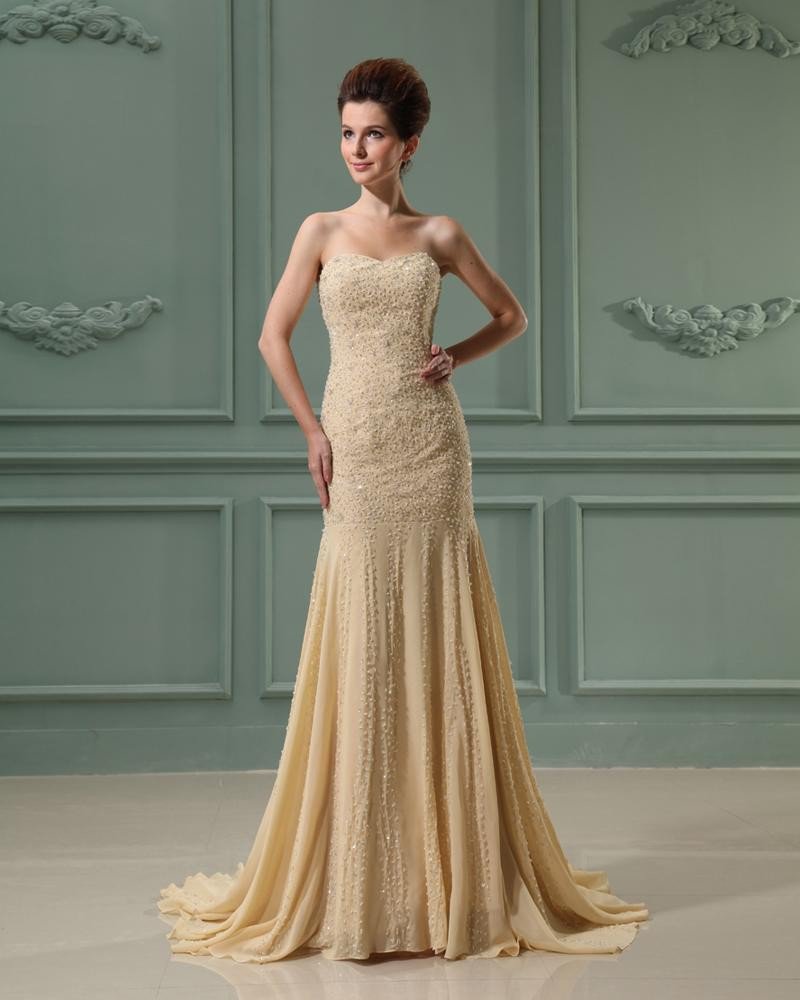 Strapless Sleeveless Zipper Floor Length Chiffon Woman Mermaid Wedding Dress