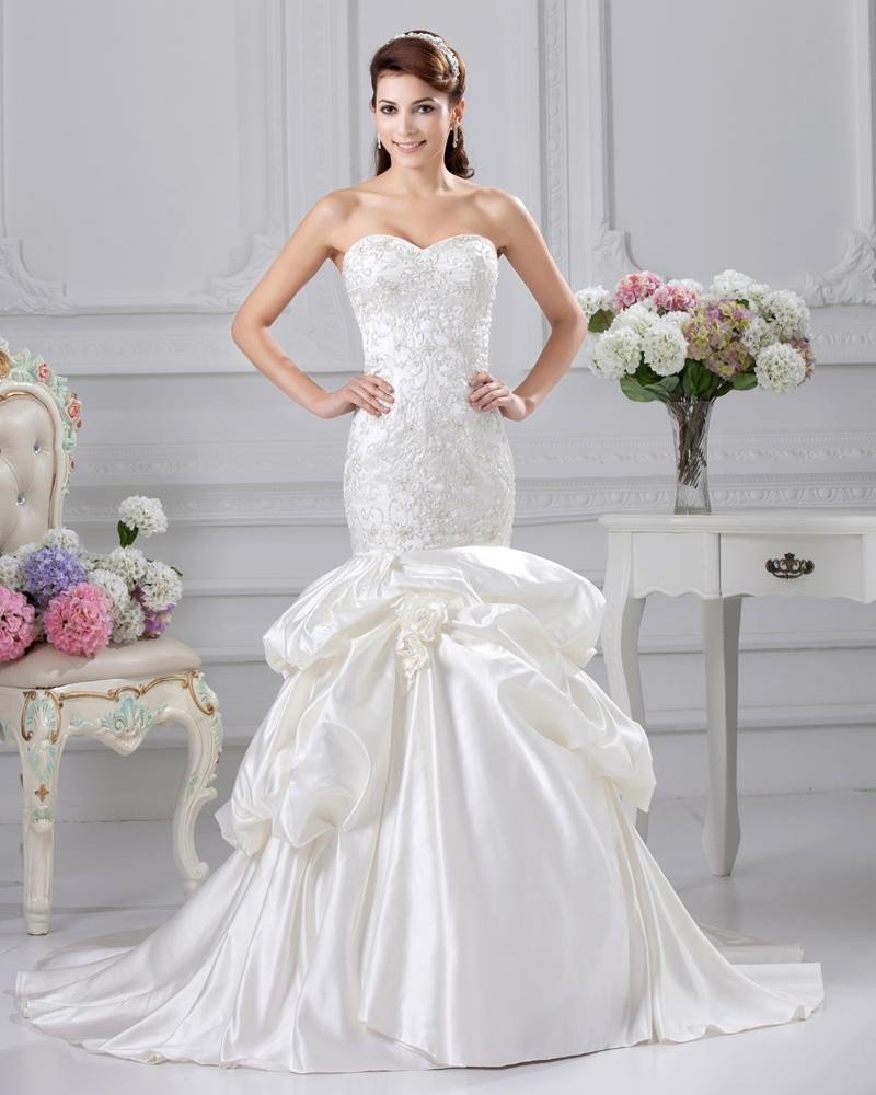 Satin Ruffle Applique Sweetheart Court Mermaid Bridal Gown Wedding Dresses