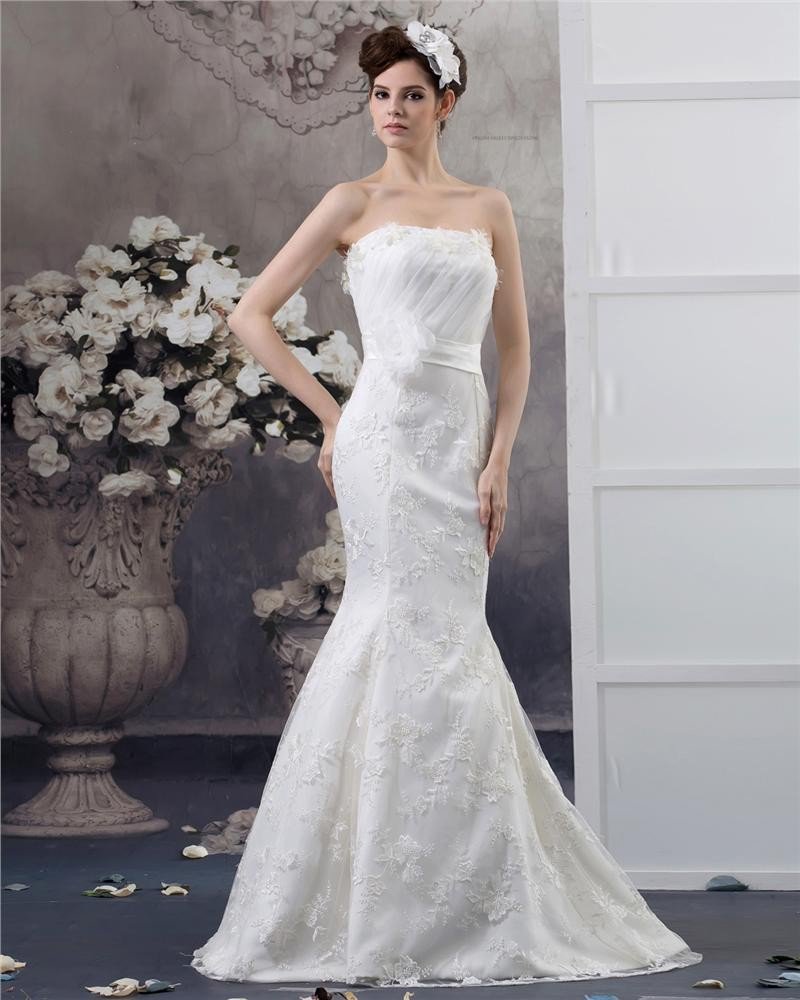Strapless Floor Length Flower Beading Pleated Lace Mermaid Wedding Dress