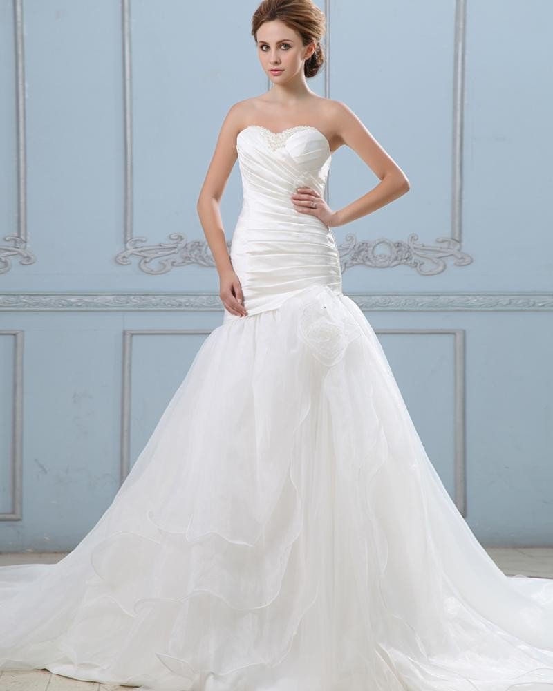 Ruffle Hand Flower Sweetheart Organza Court Mermaid Bridal Gown Wedding Dresses