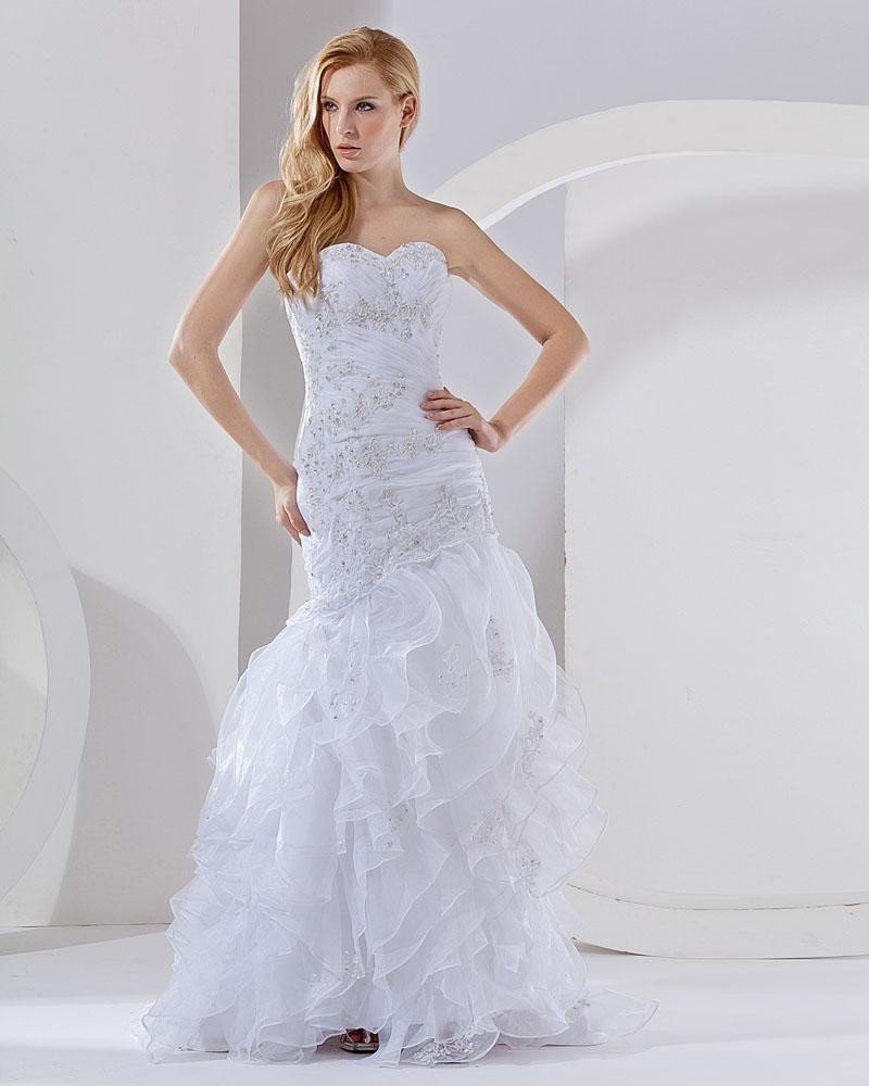 Organza Beading Layered Sweetheart Chapel Train Mermaid Wedding Dress