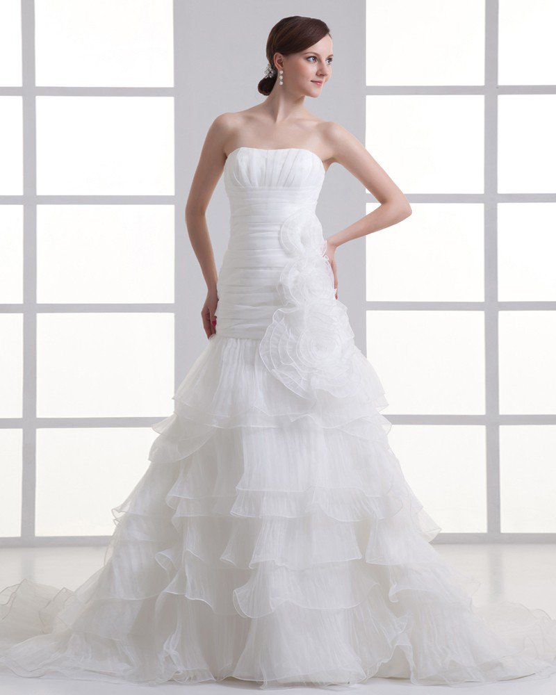 Organza Flower Strapless Court Train Tiered Mermaid Wedding Dress