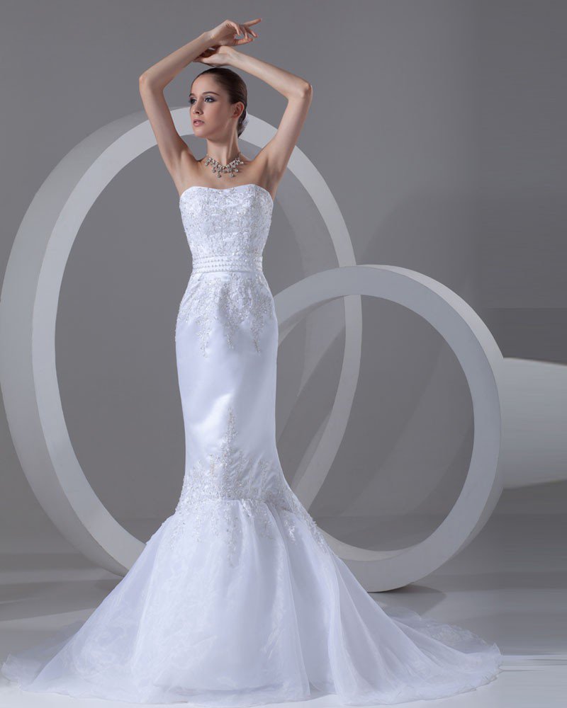 Organza Satin Applique Beaded Sweetheart Court Train Mermaid Bridal Gowns Wedding Dresses