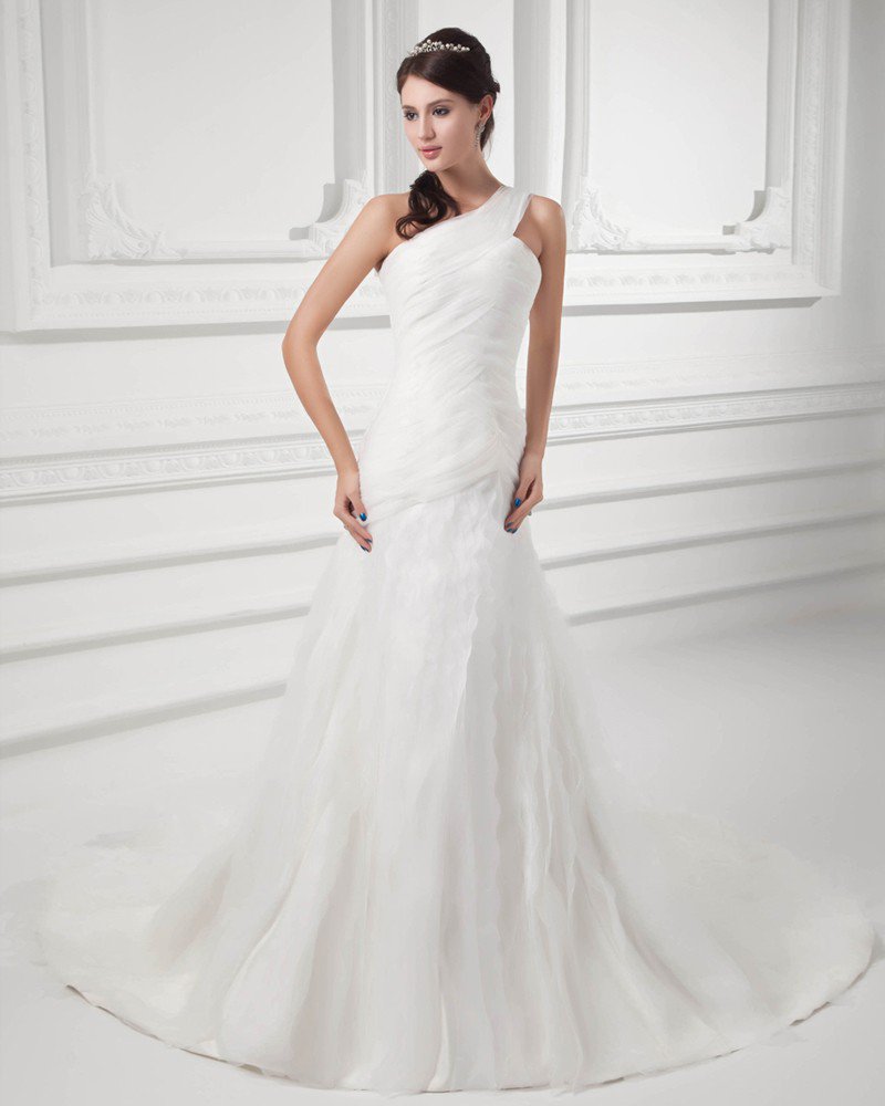 Organza Ruffle One Shoulder Court Train Mermaid Wedding Dress