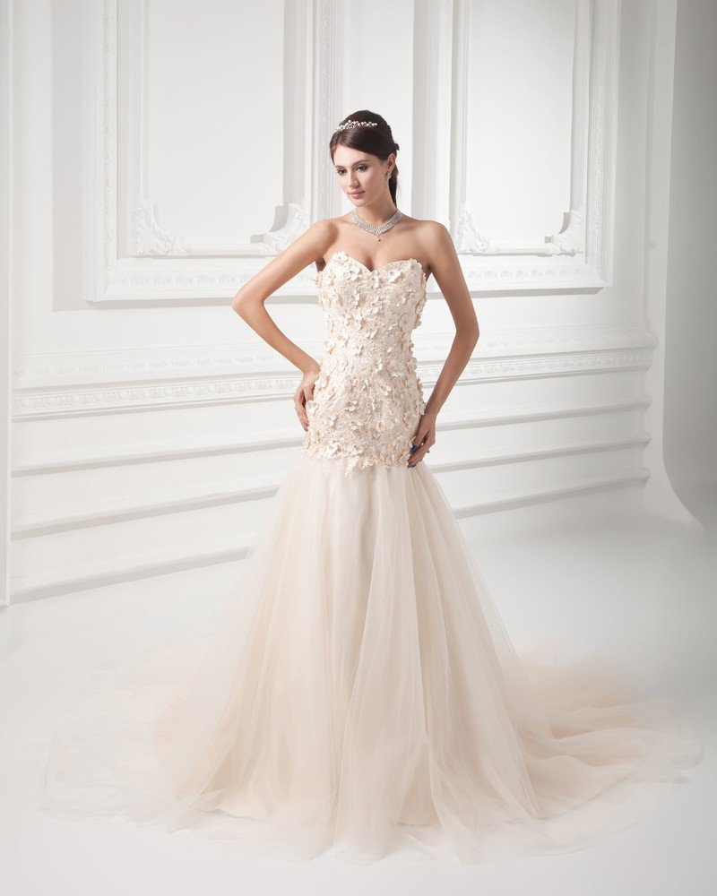 Tulle Applique Beading Sweetheart Court Train Mermaid Wedding Dress