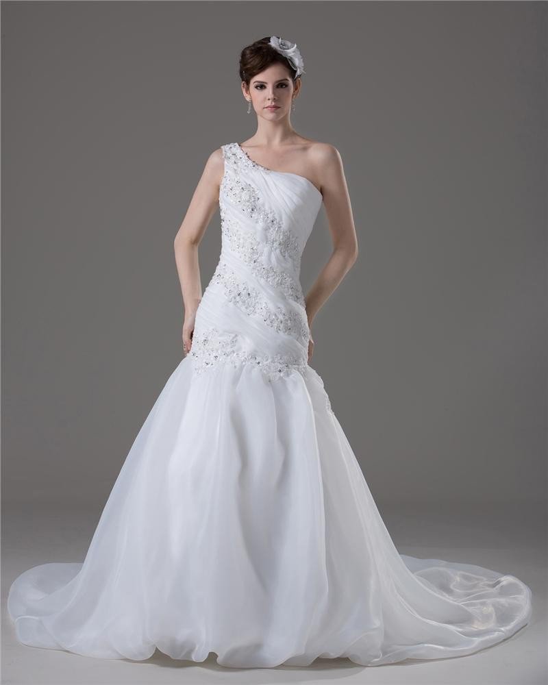 Beading Ruffles One Shoulder Floor Length Yarn Mermaid Wedding Dress