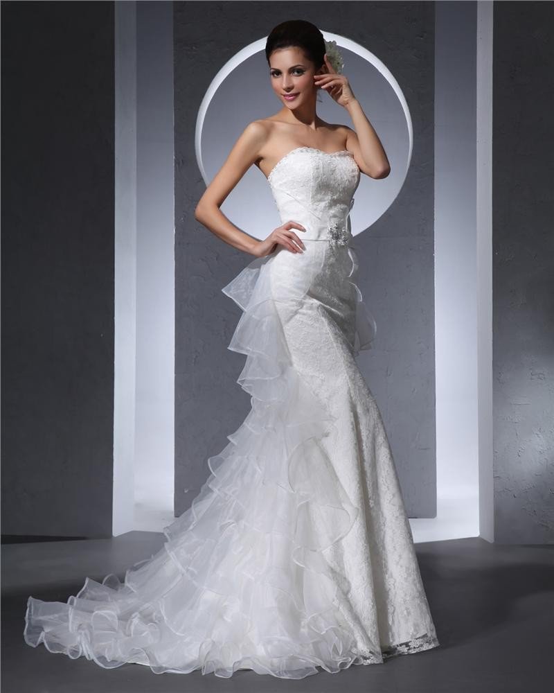Sweetheart Floor Length Lace Beading Organza Ruffles Women Mermaid Wedding Dress