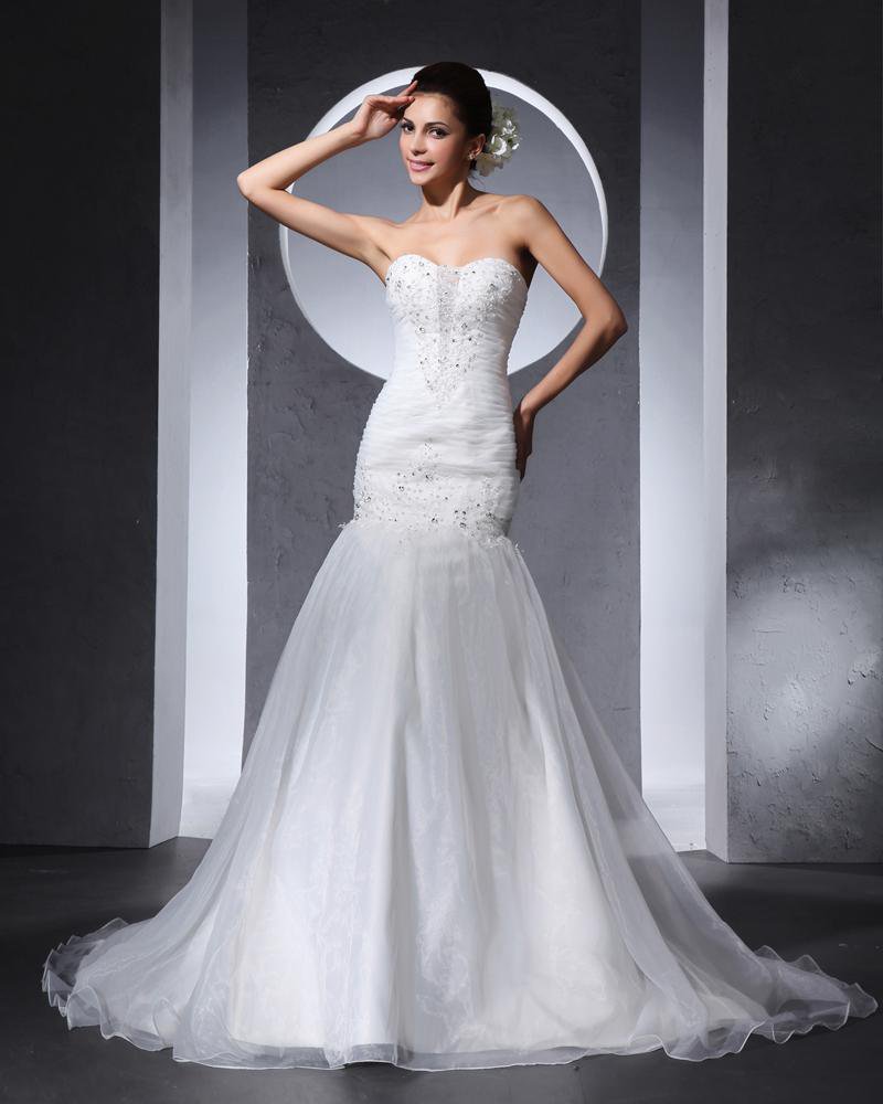 Beautiful Beading Ruffle Sweetheart Floor Length Court Train Organza Satin A Line Wedding Dress