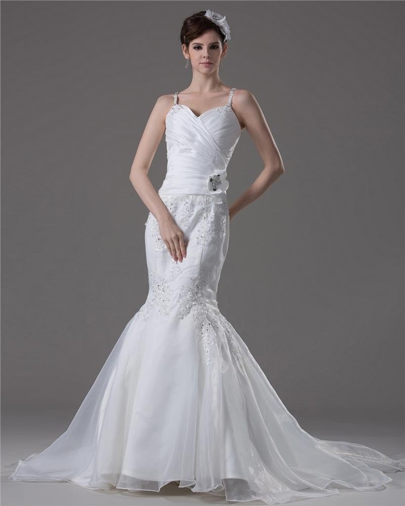 Spaghetti Straps Pleated beading Floor Length Yarn Mermaid Wedding Dress