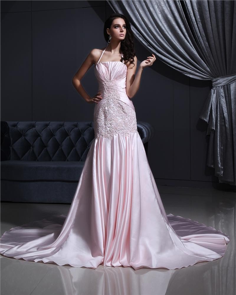 Satin Beading Embroidery Halter Court Mermaid Bridal Gown Wedding Dress