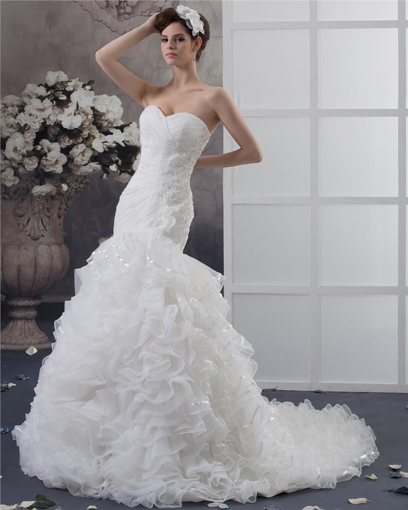Beading Ruffles Applique Sweetheart Floor Length Yarn Mermaid Wedding Dress