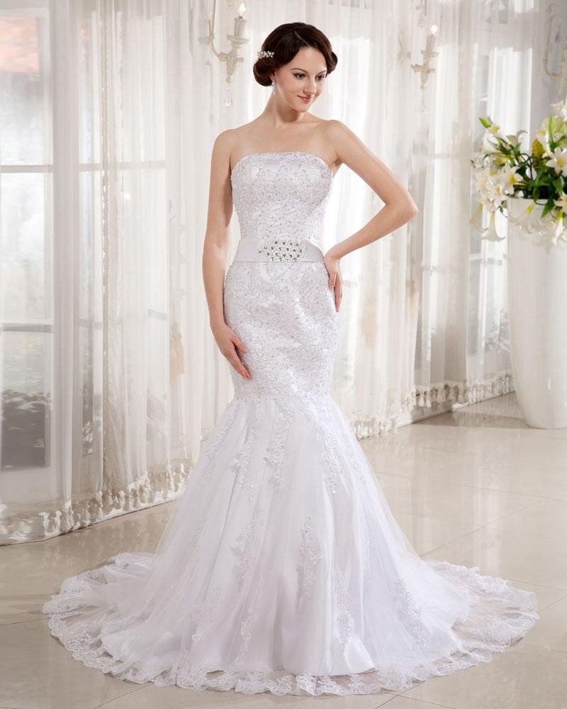 Lace Satin Strapless Applique Beaded Cathedral Train Mermaid Wedding Dresses