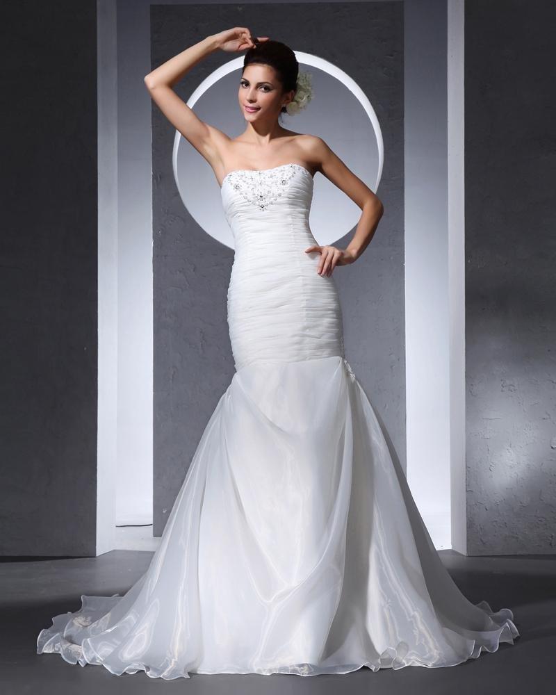 Strapless Floor Length Beading Pleated Organza Satin Woman Mermaid Wedding Dress