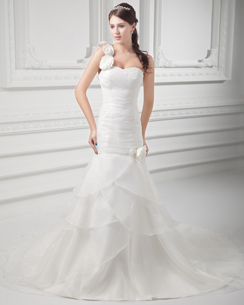 Organza Ruffle Flower One Shoulder Court Train Tiered Mermaid Wedding Dress