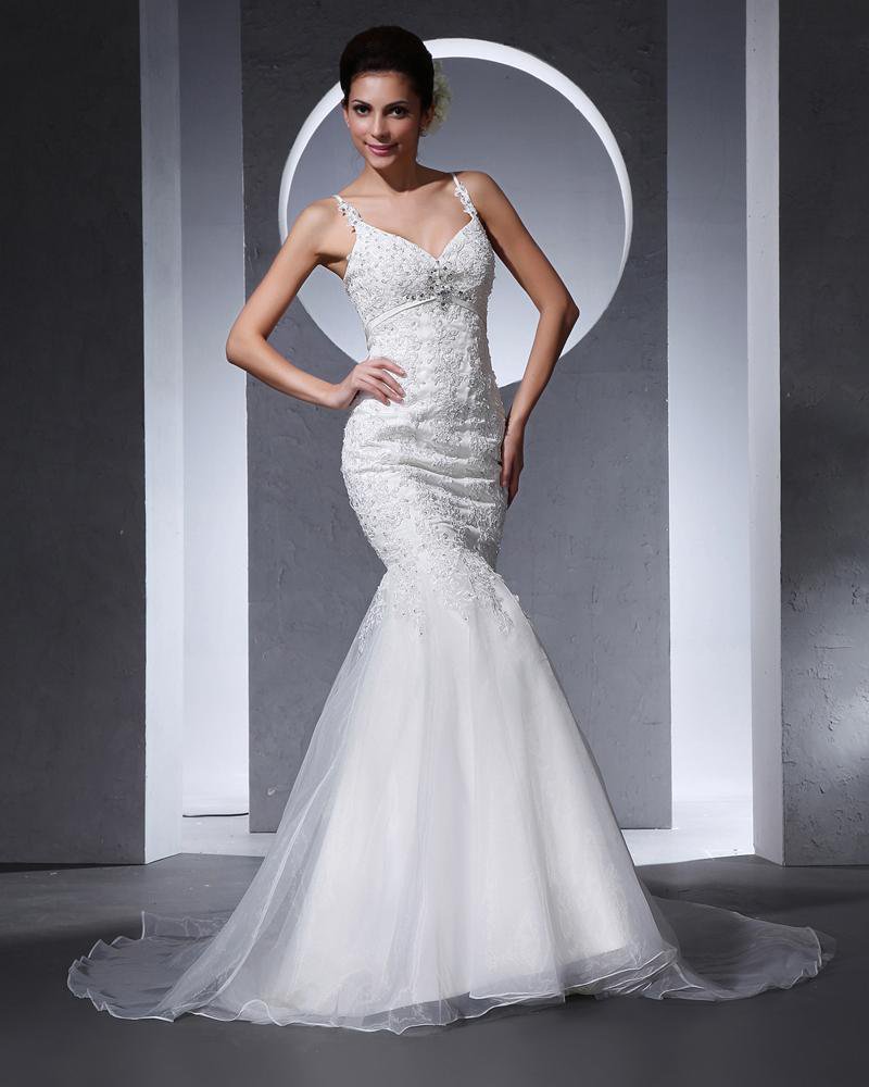 Spaghetti Straps Beading Applique Floor Length Organza Woman Mermaid Wedding Dress