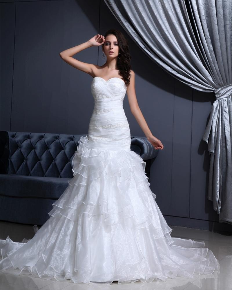 Yarn Beading Ruffle Sweetheart Cathedral Train Mermaid Wedding Dresses