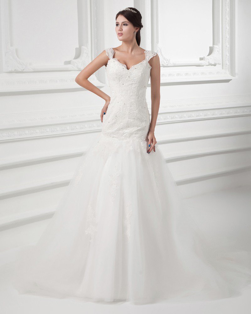 Tulle Applique Beading Shoulder Straps Floor Length Mermaid Wedding Dress