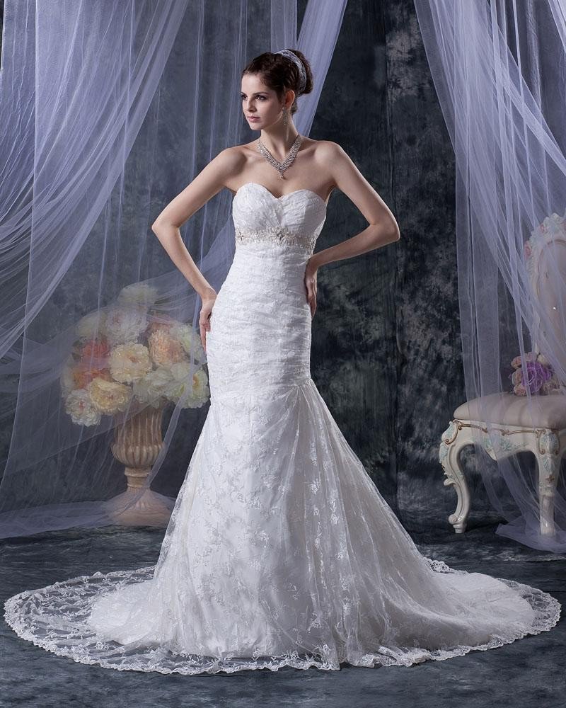 Satin Lace Applique Ruffles Sweetheart Cathedral Train Mermaid Wedding Dresses