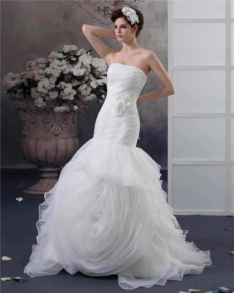 Beading Ruffles Applique Strapless Floor Length Yarn Mermaid Wedding Dress