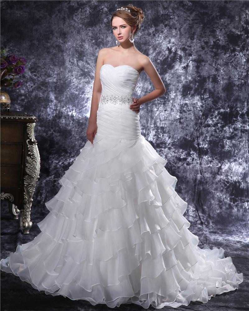 Sweetheart Beading Pleated Floor Length Organza Mermaid Wedding Dress