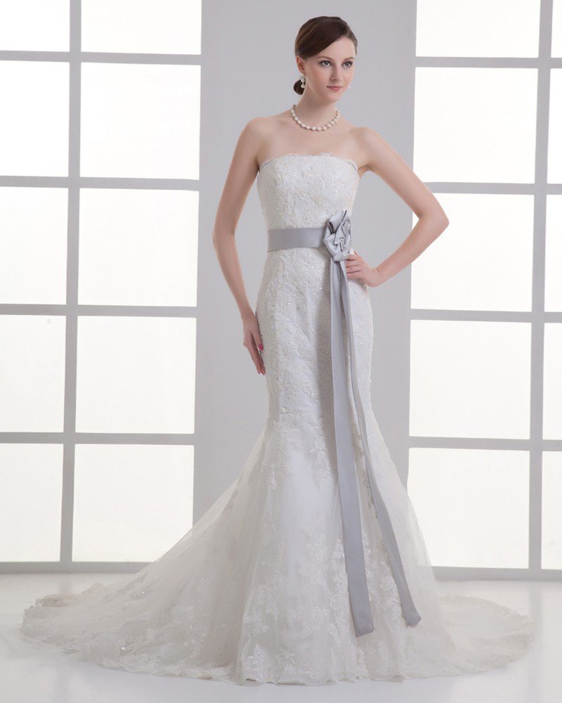 Tulle Applique Beading Strapless Court Train Mermaid Wedding Dress