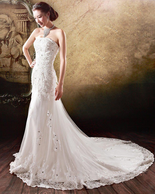Satin Tulle Beading Flower Rhinestone Strapless Court Train Mermaid Wedding Dress