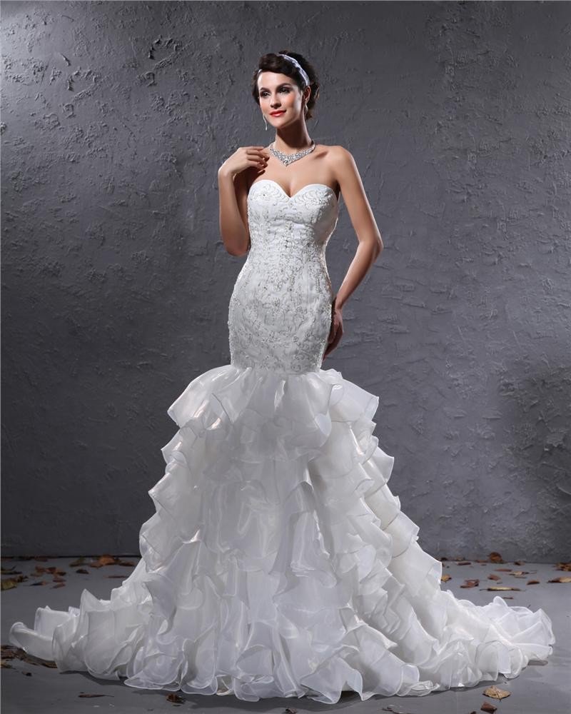 Yarn Satin Lace Flowers Beading Sweetheart Cathedral Train Mermaid Wedding Dress