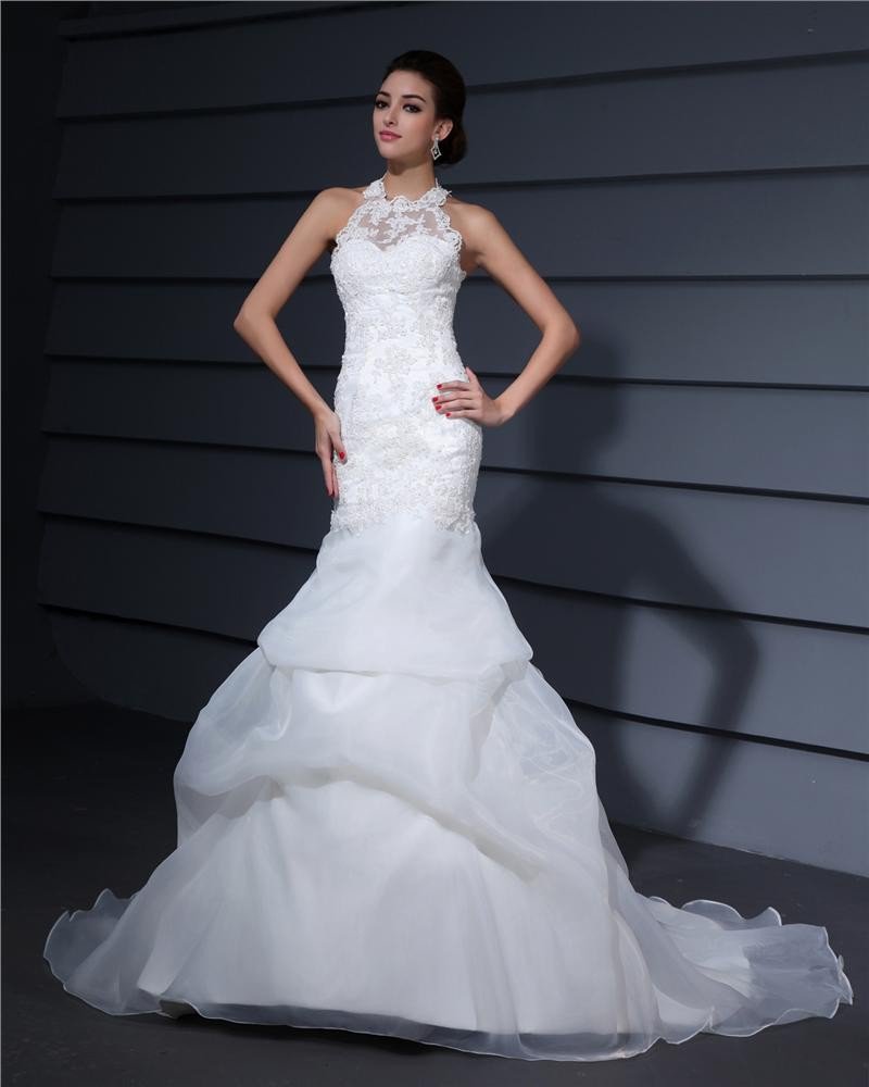 Halter Embroidery Ruffle Floor Length Satin Woman Mermaid Wedding Dress