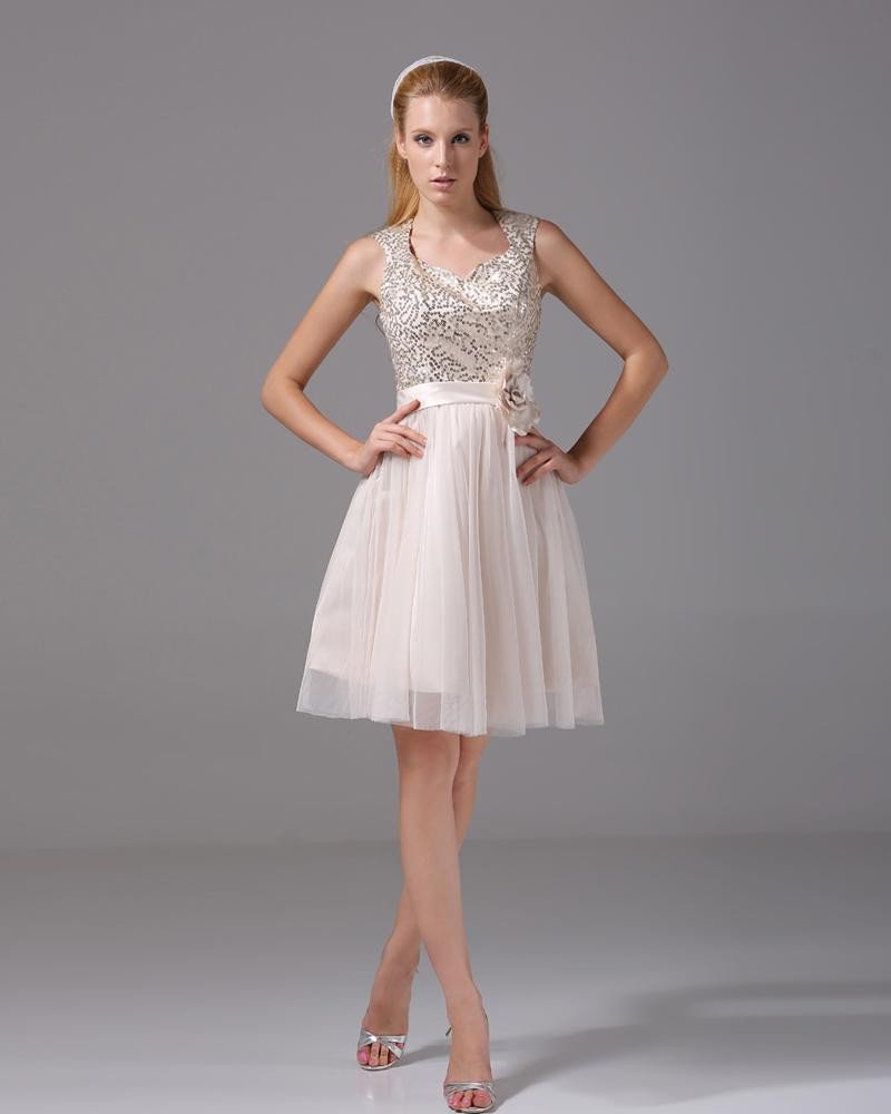Thigh Length Square Flower Paillette Beading Tulle Satin Women Cocktail Dress