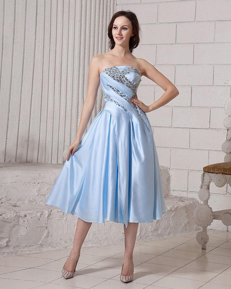 Ruffle Beading Strapless Zipper Elastic Satin Women Cocktail Dress
