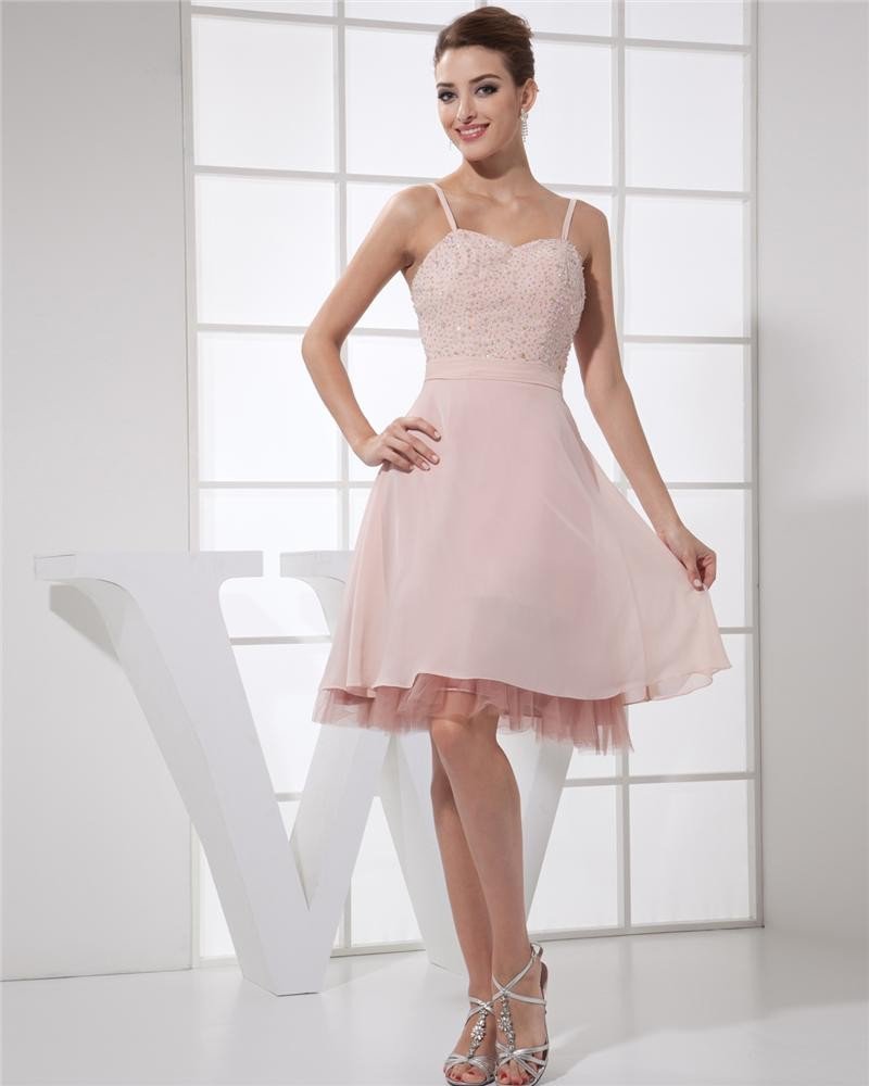 Spaghetti Neckline Knee Length Tiered Beading Chiffon Woman Little Black Cocktail Dress