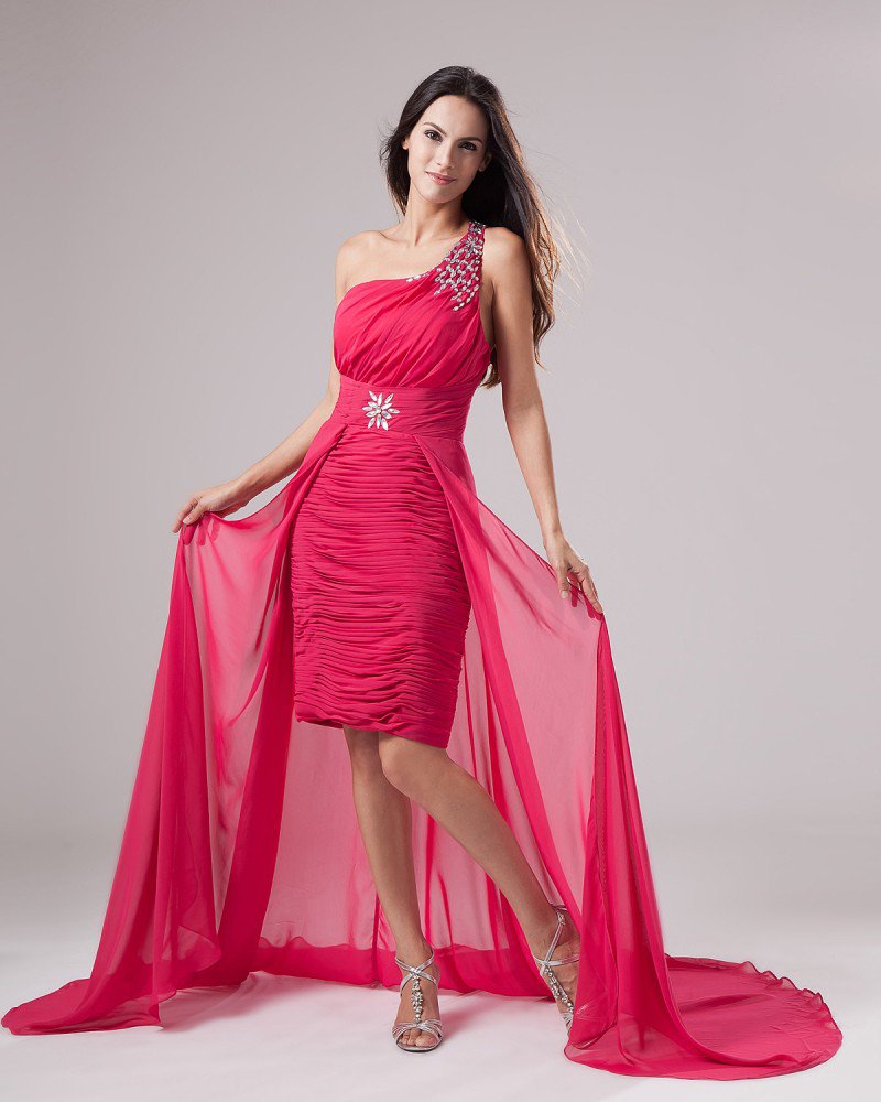 Fashion Chiffon One Shoulder Beading Ruffle Asymmetrical Length Prom Cocktail Dresses