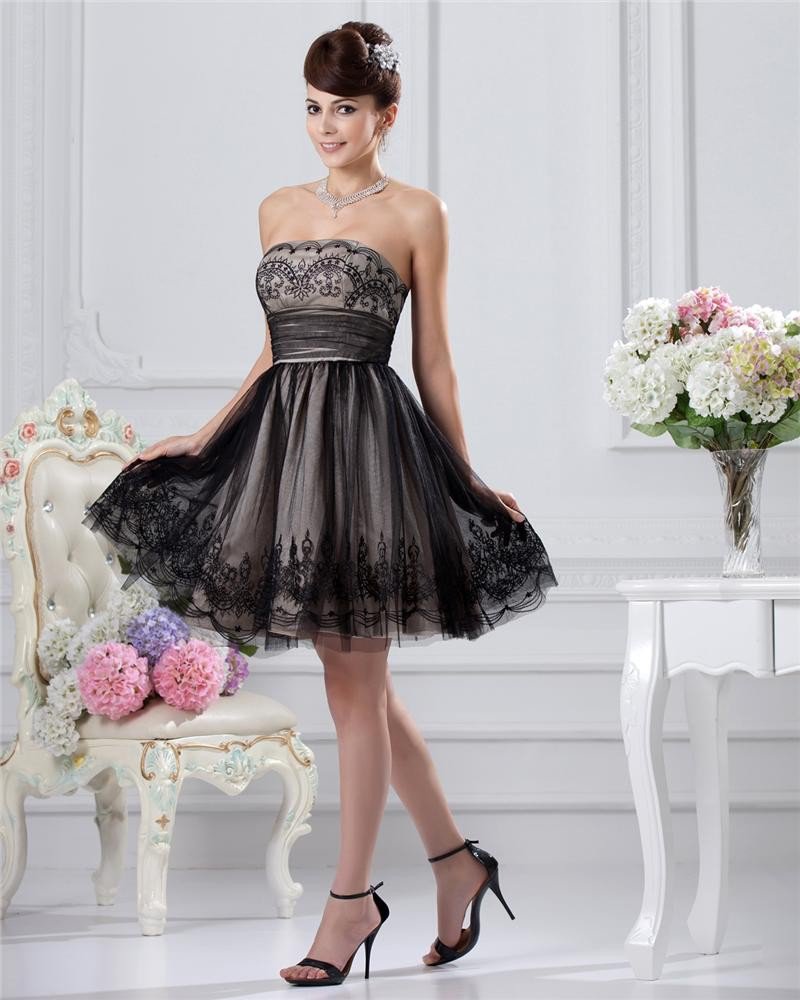 Empire Strapless Sleeveless Knee-length Satin Lace Little Black Cocktail Dress