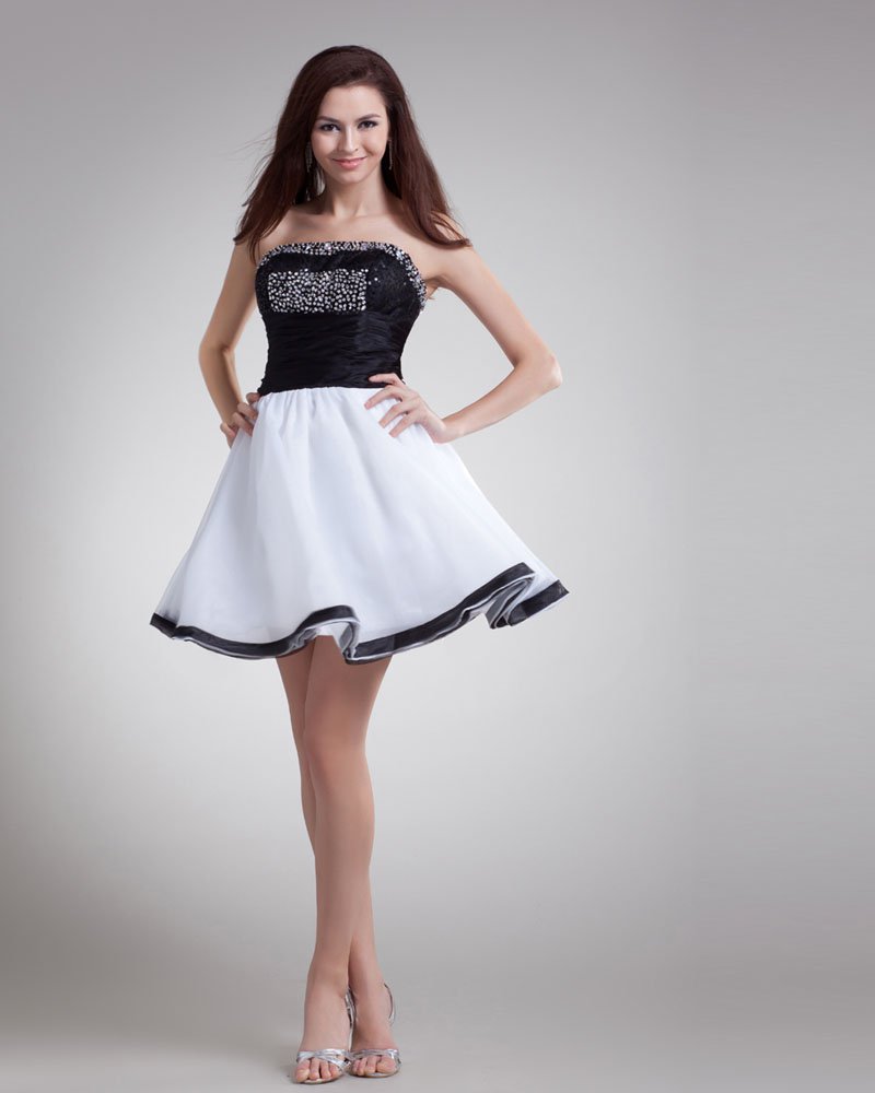 Organza Mini Beading Strapless Pleated Women Cocktail Dress