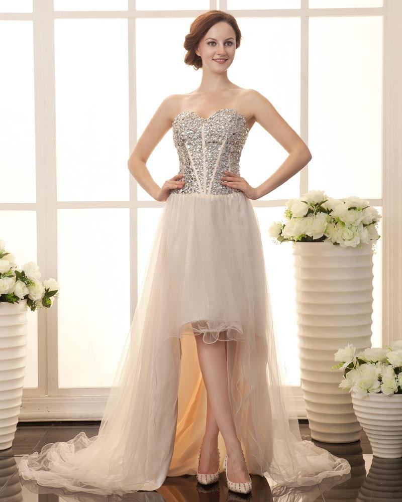 Beading Sweetheart Neck Dip Hem Lace Up Back Grenadine Satin Women Cocktail Dress