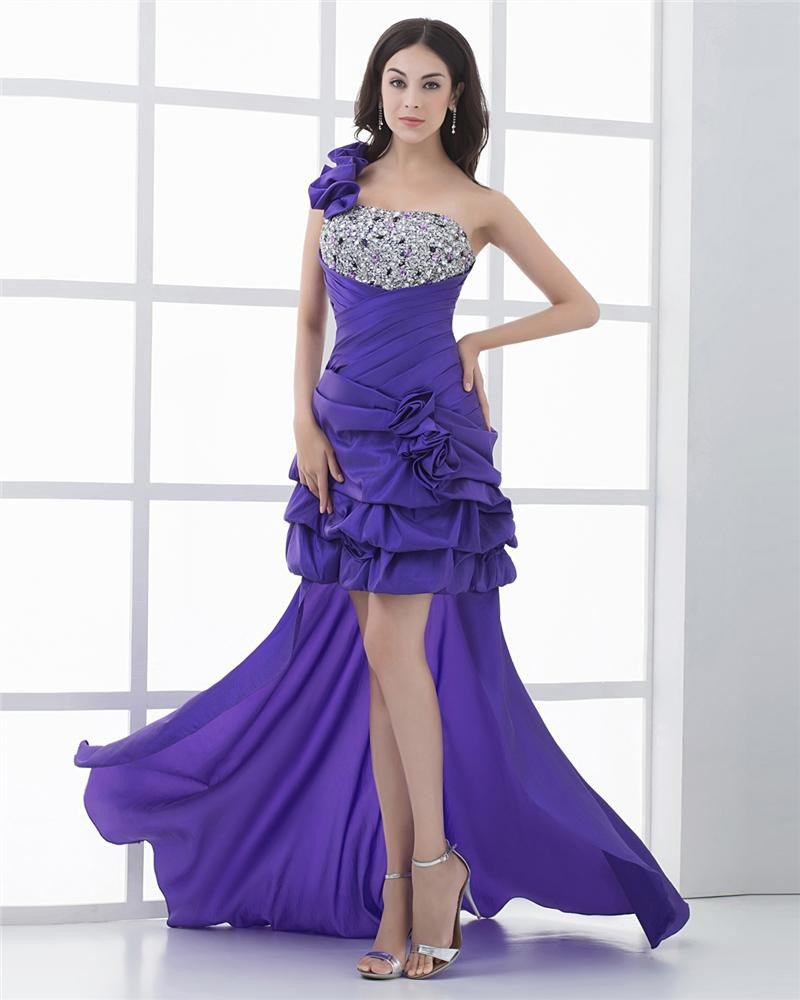 Asymetrical Length One Shoulder Flower Beading Pleated Taffeta High Low Prom Cocktail Dress