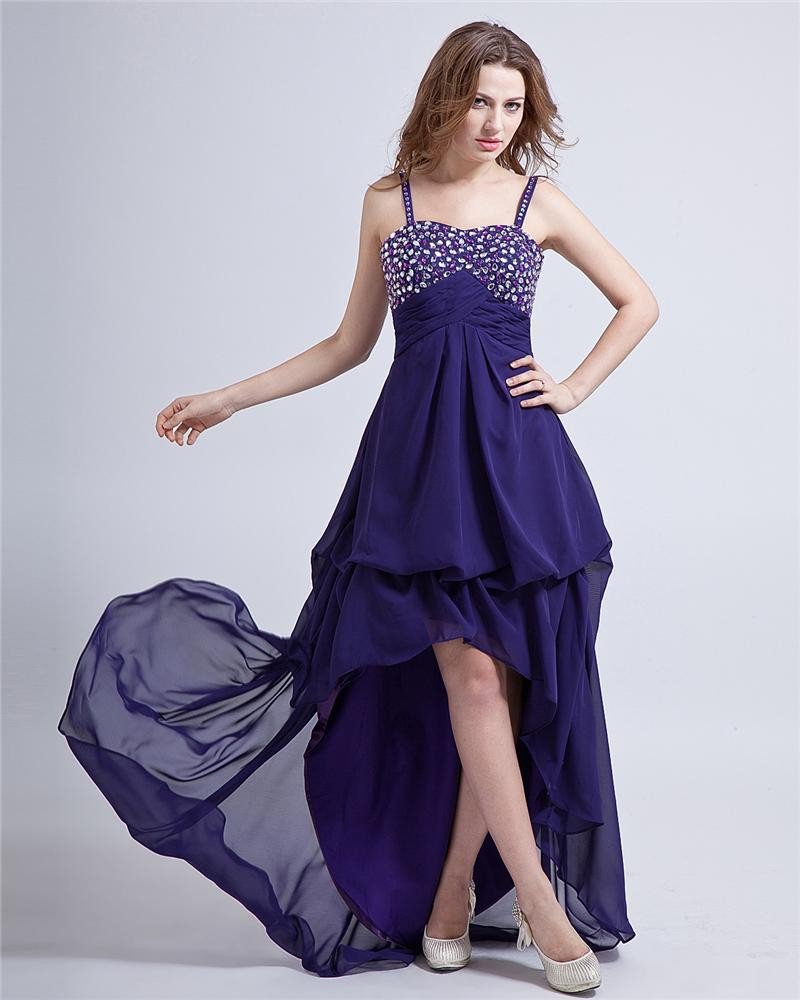High Low Elegant Chiffon Ruffle Spaghetti Beaded Layered Cocktail Dress