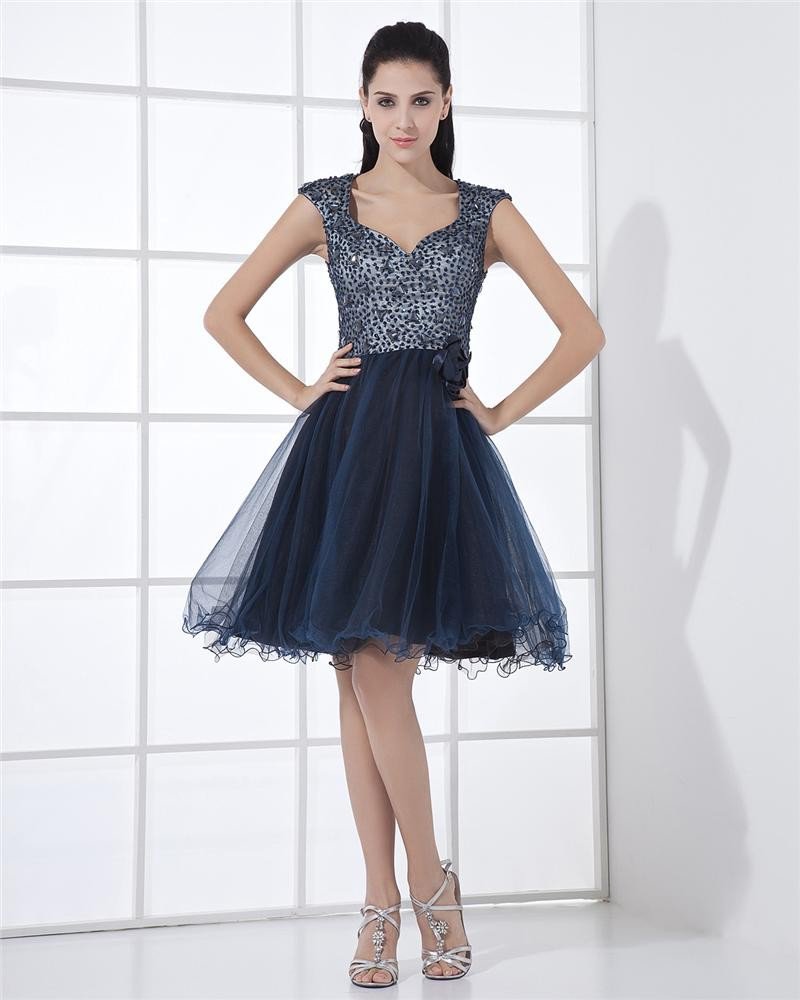 Sweetheart Tulle Ruffle Handmade Flower Knee Length Celebrity Cocktail Dresses