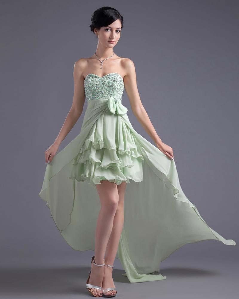 Asymetrical Length Sweetheart Ruffles Beading Bowknot Chiffon High Low Prom Cocktail Dress