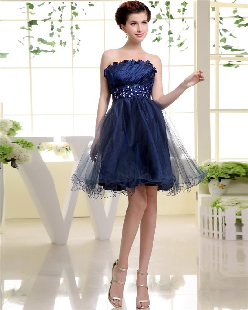 Strapless Neckline Sleeveless Thigh Length Beading Pleat Tulle Woman Cocktail Dress