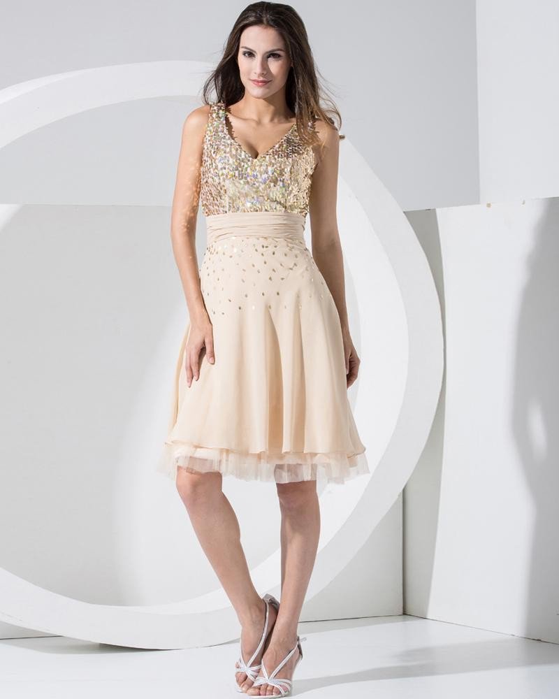 Stylish Chiffon Silk Silk Like Satin Lace V Collar Back Zipper Sequins Knee Length Sleeveless Pleate