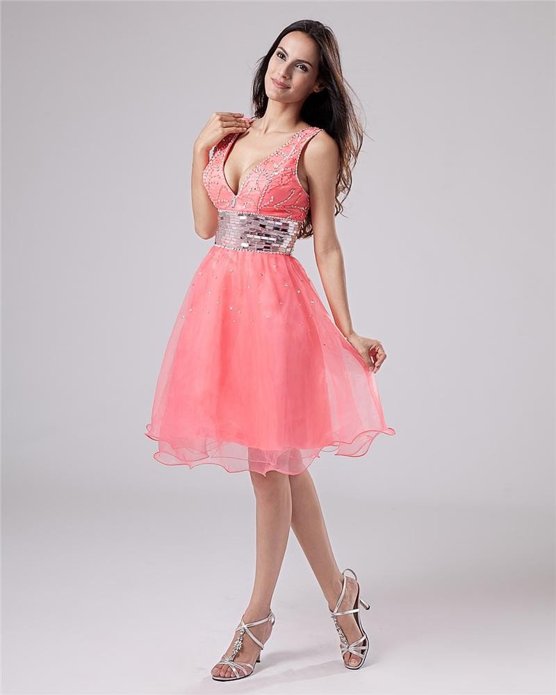 Organza Beading Shoulder Straps Thigh Length Cocktail Dress