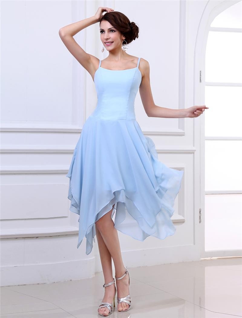 Fashion Scoop Strap Tea-Length Satin Party Cocktail Dresses