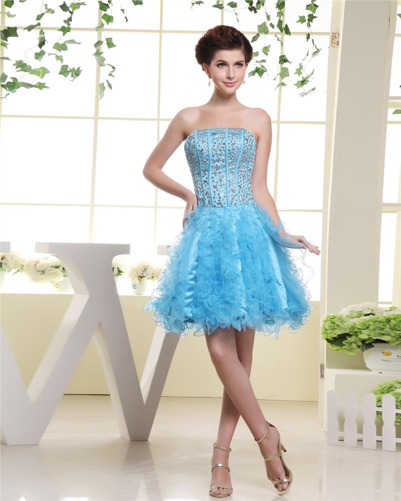 Strapless Neckline Thigh Length Beading Charmeuse Bubble Woman Cocktail Dress