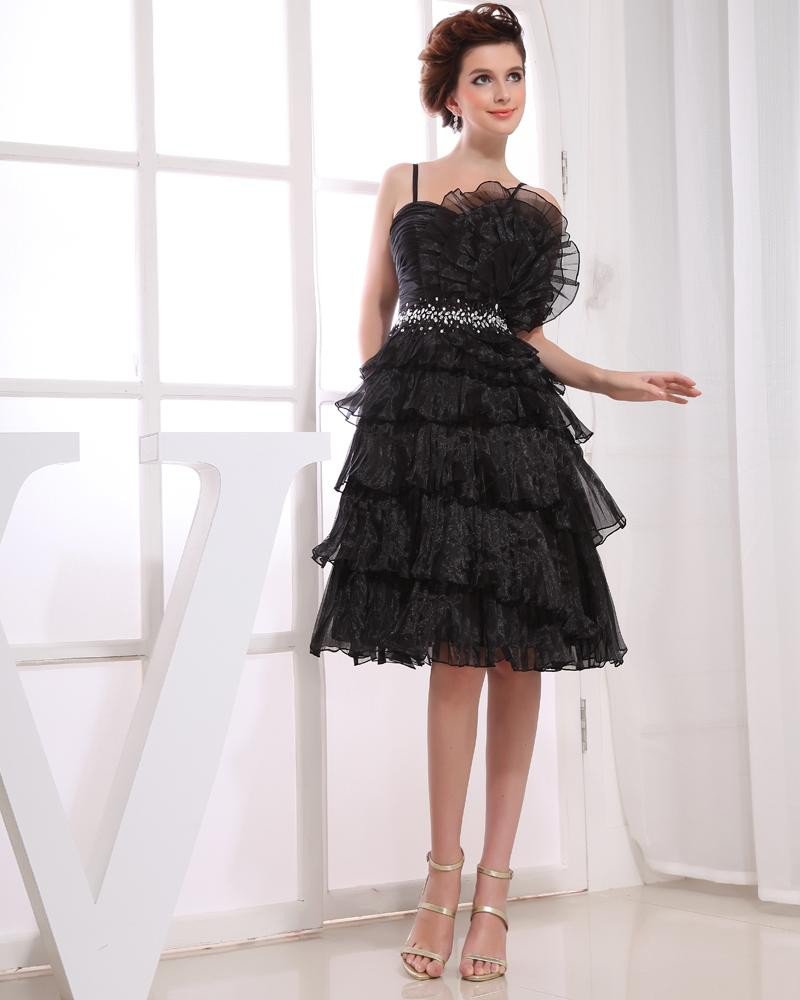 Satin Yarn Ruffle Beading Spaghetti Straps Knee Length Tiered Cocktail Dress
